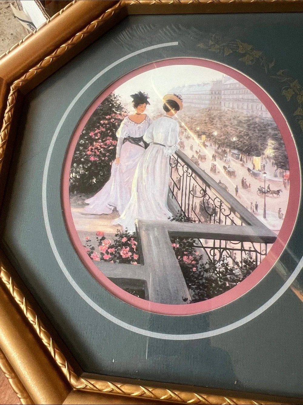 Vintage Gold Framed Dual Vintage Print Wall Art - Green Mat